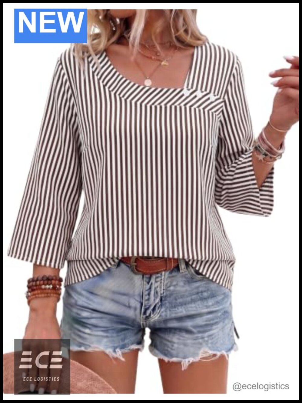 Womens 3/4 Sleeve Asymmetrical Neck Top Cotton Linen Blouse